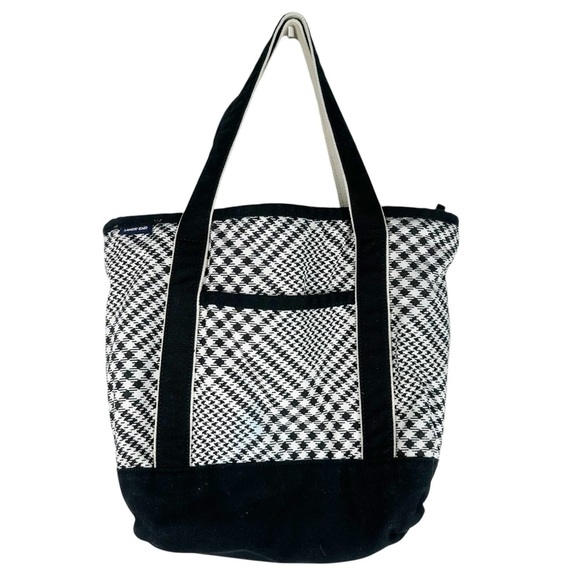 LAND’S END  Black and White Cotton Canvas Check Medium Tote Bag Full Zip Closure - Picture 1 of 8